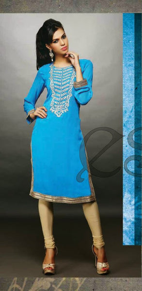 Blue Embroidery Work Georgette Designer And Party Wear Kurthi