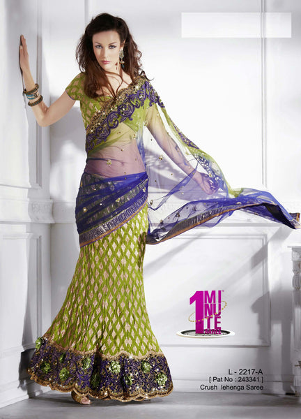 Blue And Mehandi Green Color Viscose Jacquard Lehenga Saree