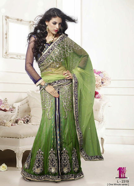 Shaded Green Color Jacquard Net Lehenga Saree