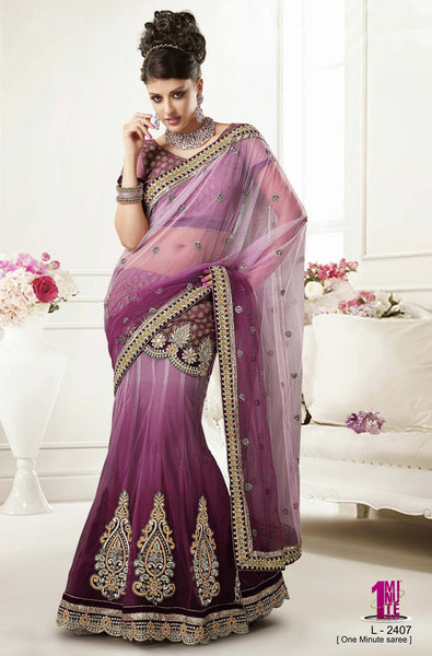 Shaded Wine Color Jacquard Net Lehenga Saree