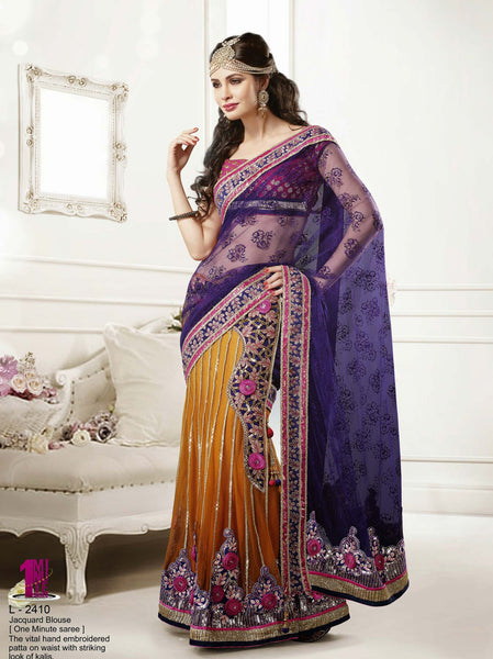 Mustard And Violet Color Designer Lehenga Saree