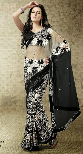 Black And Cream Color Velvet Net Designer Saree
