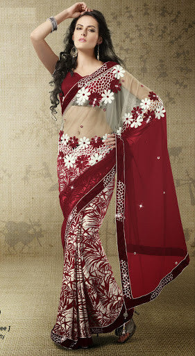 Red Color Velvet Net Designer Saree