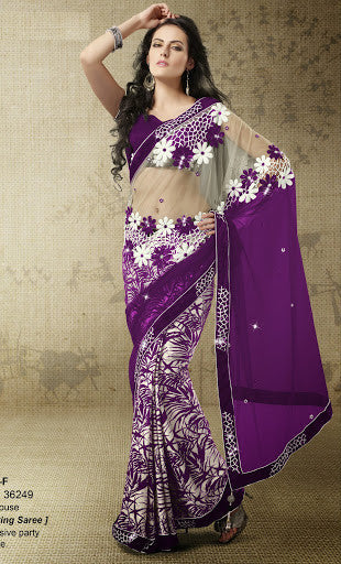 Wine Color Velvet Net Designer Saree