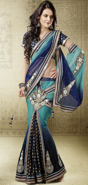 Blue And Firoji Shaded Net With Jacquard Lehenga Saree