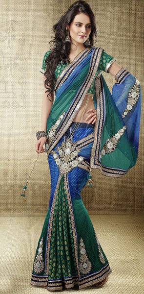 Blue And Green Color Net Jacquard Designer Lehenga Saree