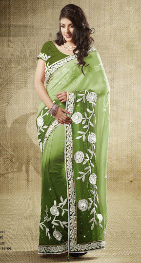 Shaded Green Viscose And Bemberg Designer Saree