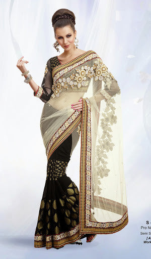 Off White And Black Color Net With Georgette Designer Saree