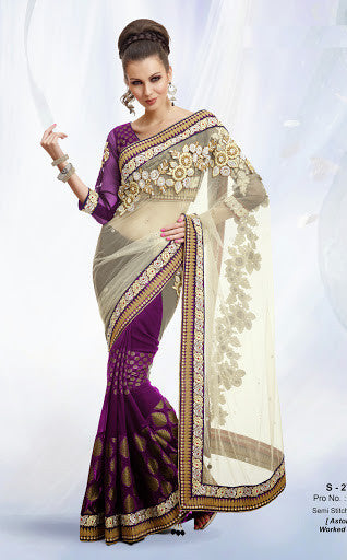Wine And Cream Color Net With Georgette Designer Saree