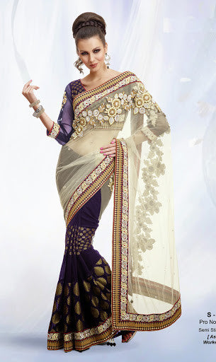 Blue And Cream Color Net With Georgette Designer Saree