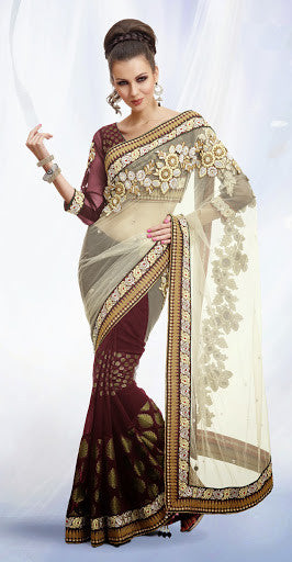 Maroon And Cream Color Net With Georgette Designer Saree