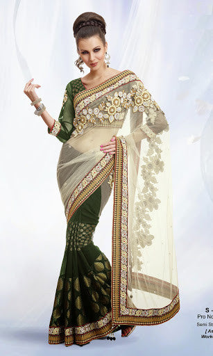 Green And Cream Color Net With Georgette Designer Saree