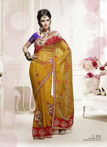Musturd Color Net And Faux Chiffon Designer Saree
