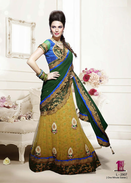 Green And Yellow Net Bember Fabric Lehenga Saree