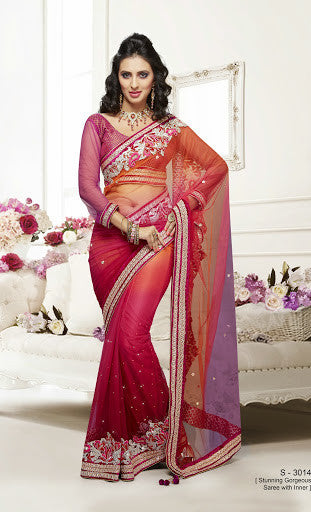 Red And Shaded Orange Net Designer Saree