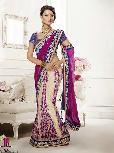 Pink And Cream Color Net Designer Lehenga Style Saree