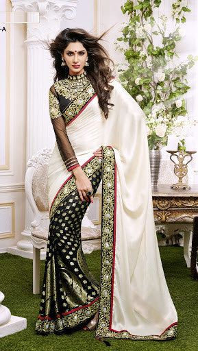 Off White And Black Viscose Georgette Designer Saree