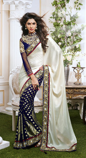 White And Blue Viscose Georgette Designer Saree