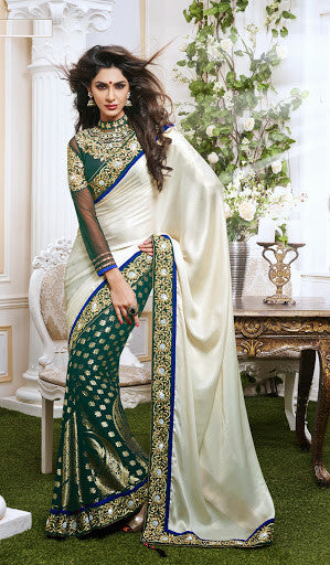 White And Green Viscose Geirgette Designer Saree