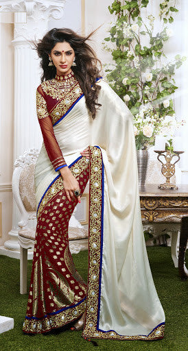 Maroon And White Color Viscose Georgette Designer Saree