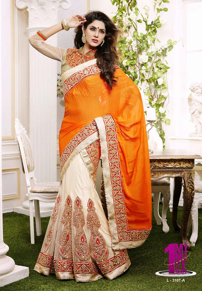 Orange And Light Beige Color Chiffon Net Lehenga Saree