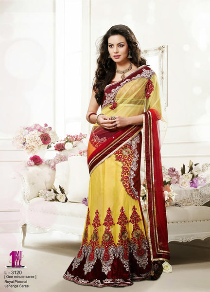 Shaded Lighr Yellow And Maroon Color Net Lehenga Saree