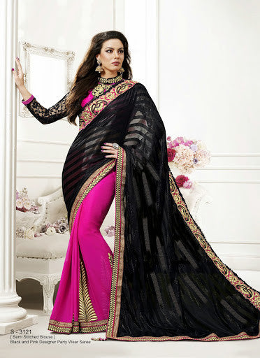 Black And Pink Georgette With Shimmer Chiffon Designer Saree