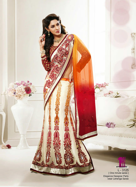 Off White And Rust Color Net Lehenga Saree