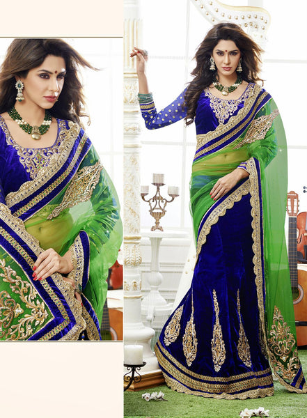 Green And Blue Color Net With Velvet Designer Lehenga Saree
