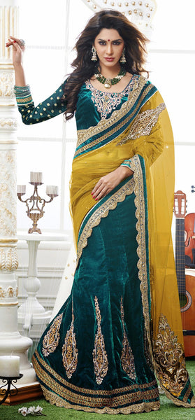 Green And Yellow Net With Velver Designer Lehenga Saree