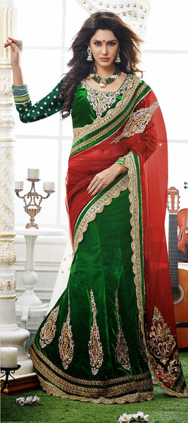 Green And Red Color Net With Velvet Lehenga Saree