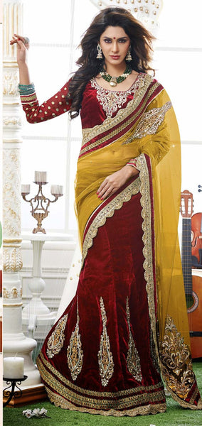 Red And Yellow Color Net With Velvet Lehenga Saree