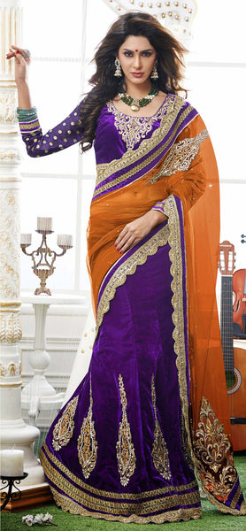 Violet And Orange Color Net With Velvet Lehenga Saree