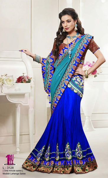 Sky Blue And Dark Blue Georgette Net Lehenga Saree