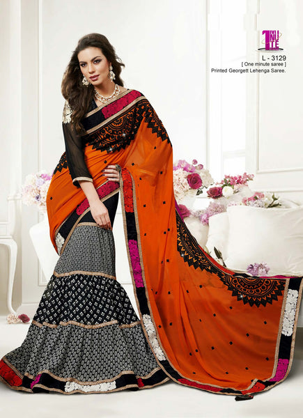 Orange Black And White Georgette Printed Designer Lehenga Saree
