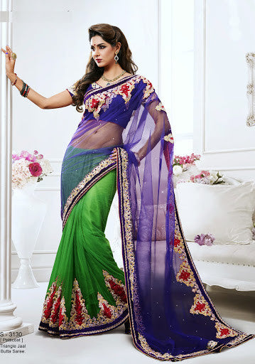 Purple And Shaded Parrot Green Cotton jute Designer Saree