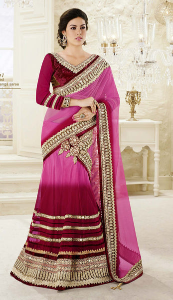 Rani Pink Color Net Embroidery Lehenga Saree