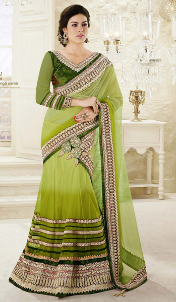 Shaded Light Green Net Embroidery Lehenga Saree