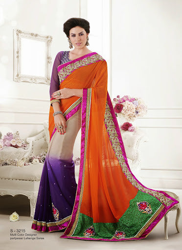 Orange Cream And Purple Color Faux Georgette Designer Saree