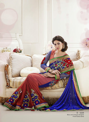Blue And Rust Color Faux Georgette Designer Saree