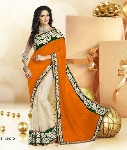 Orange And Off White Faux Chiffon Net Designer Saree