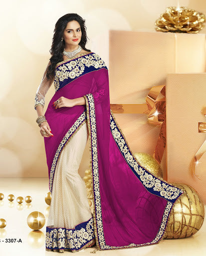 Pink And Off White Chiffon Net Designer Saree