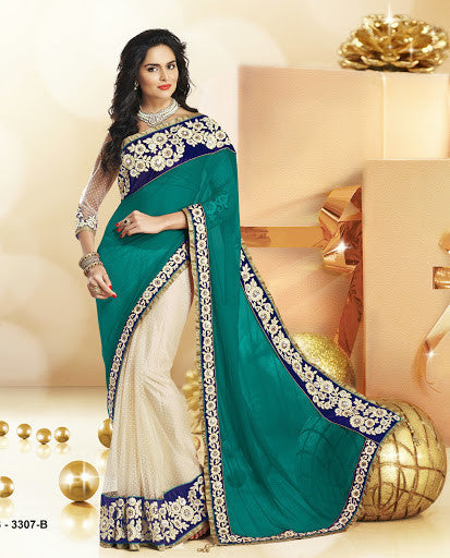 Green And Off White Faux Chiffon Net Designer Saree