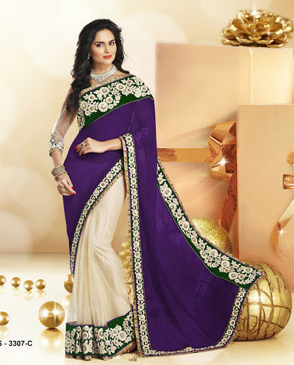 Purple And Off White Faux Chiffon Net Designer Saree