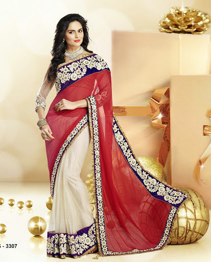 Red And Off White Faux Chiffon Net Designer Saree