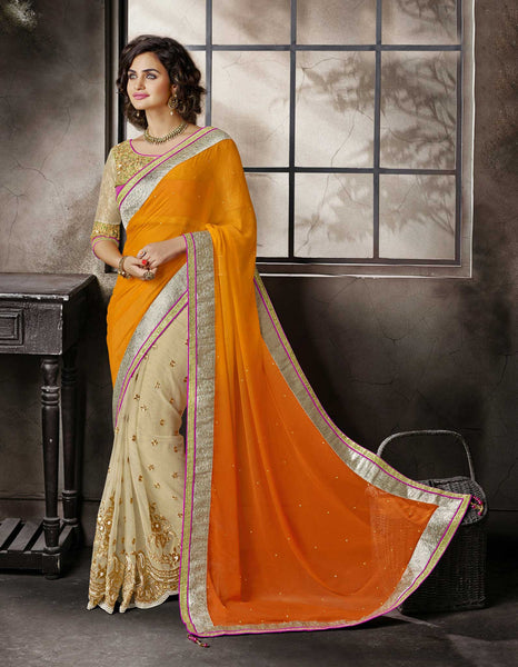Orange and Beige golden worked saree 