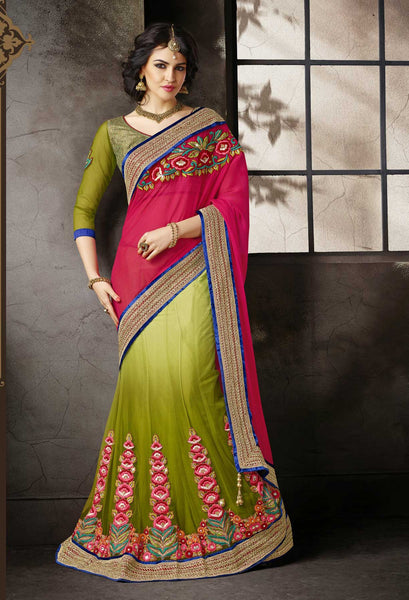 Green and Red Designer Lahenga Saree 