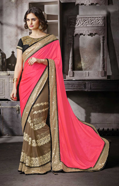 Pink and Chiku Floral worked heavy bordred saree