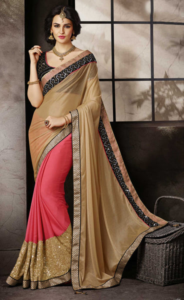 Beige and Pink designer wedding saree