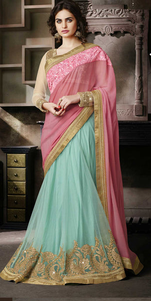 Blue and Pink designer workerd saree 
